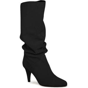 Coutgo Womens Slouchy Knee High Boots Wide Calf Kitten Heel Pointed Toe Pull On Long Boots Winter Shoes(Black)