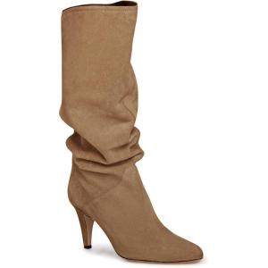 Coutgo Womens Slouchy Knee High Boots Wide Calf Kitten Heel Pointed Toe Pull On Long Boots Winter Shoes(Coffee)