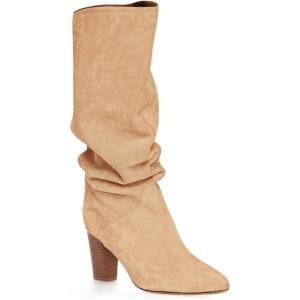 Coutgo Womens Slouchy Knee High Boots Wide Calf Kitten Heel Pointed Toe Pull On Long Boots Winter Shoes(Z-khaki)