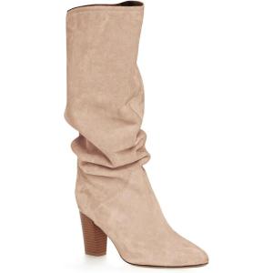 Coutgo Womens Slouchy Knee High Boots Wide Calf Kitten Heel Pointed Toe Pull On Long Boots Winter Shoes(Z-nude)