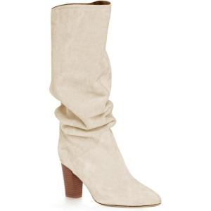 Coutgo Womens Slouchy Knee High Boots Wide Calf Kitten Heel Pointed Toe Pull On Long Boots Winter Shoes(Z-white)