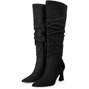 Coutgo Women’s Slouchy Knee High Boots Wide Calf Pointed Toe Side Zipper Chunky Heel Long Boots Winter Shoes(Black)