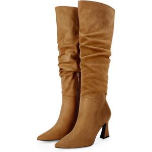 Coutgo Women’s Slouchy Knee High Boots Wide Calf Pointed Toe Side Zipper Chunky Heel Long Boots Winter Shoes(Brown)