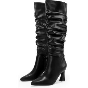 Coutgo Women’s Slouchy Knee High Boots Wide Calf Pointed Toe Side Zipper Chunky Heel Long Boots Winter Shoes(Cool Black)