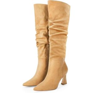 Coutgo Women’s Slouchy Knee High Boots Wide Calf Pointed Toe Side Zipper Chunky Heel Long Boots Winter Shoes(Khaki)