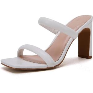 Coutgo Womens Square Open Toe Heeled Sandals Two Strap High Heel Backless Dress Slip On Mules(White)