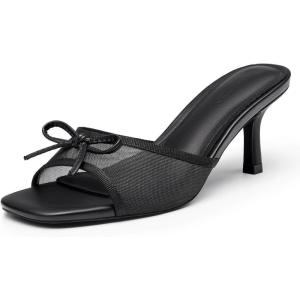 Coutgo Womens Square Open Toe Heels Mules Bow Stiletto Heel Backless Slip On Slide Sandals(Pure Black)