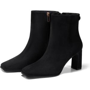 Coutgo Women’s Square Toe Ankle Boots Chunky Block Heel Side Zipper Booties Faux Suede Winter Shoes(Black)