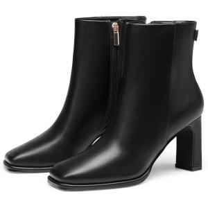 Coutgo Women’s Square Toe Ankle Boots Chunky Block Heel Side Zipper Booties Faux Suede Winter Shoes(Cool Black)