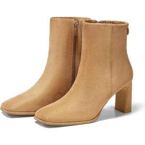 Coutgo Women’s Square Toe Ankle Boots Chunky Block Heel Side Zipper Booties Faux Suede Winter Shoes(Light Brown)