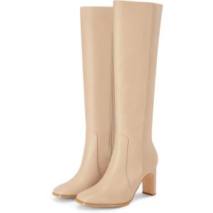 Coutgo Womens Square Toe Knee High Boots Leather Chunky Heel Fashion Dressy Winter Shoes with Side Zipper(Khaki)