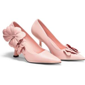 Coutgo Womens Stiletto High Heels Flower Dress Shoes Closed Pointed Toe Slip on Wedding Party Formal Pumps(Pink)