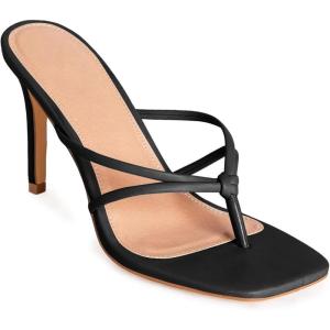 Coutgo Womens Strappy Heeded Sandals Square Toe Flip Flops Fashion Stiletto Thong Slip On Sandals(Black)