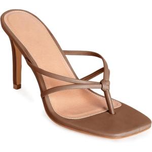 Coutgo Womens Strappy Heeded Sandals Square Toe Flip Flops Fashion Stiletto Thong Slip On Sandals(Brown)