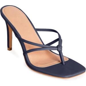 Coutgo Womens Strappy Heeded Sandals Square Toe Flip Flops Fashion Stiletto Thong Slip On Sandals(Navy)