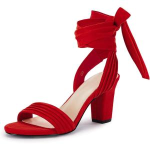 Coutgo Womens Strappy High Heels Chunky Heeled Sandals Bow Tie Lace Up Open Toe Pumps Dress Wedding Comfortable Shoes(Red)
