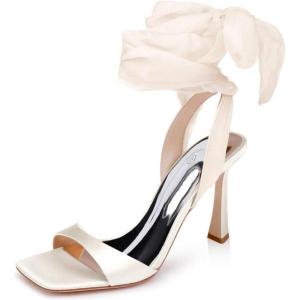 Coutgo Womens Strappy Kitten Heels Sandals Lace Up Square Open Toe High Heels Satin Summer Dress Shoes(Beige)
