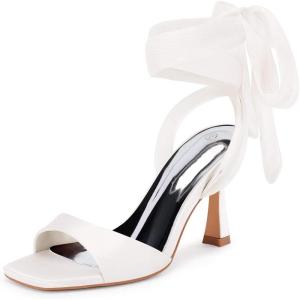Coutgo Womens Strappy Kitten Heels Sandals Lace Up Square Open Toe High Heels Satin Summer Dress Shoes(White)