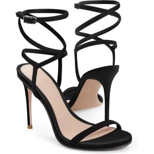 Coutgo Womens Strappy Lace up Heels Sandals Sexy High Heeled Ankle Strap Summer Dress Shoes(Black)