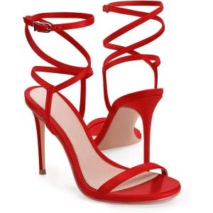 Coutgo Womens Strappy Lace up Heels Sandals Sexy High Heeled Ankle Strap Summer Dress Shoes(Red)