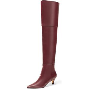 Coutgo Women’s Thigh High Boots Over The Knee Kitten Heel Pointed Toe Long Boots Fall Shoes(Burgundy Pu)