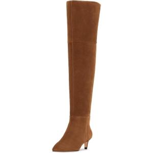 Coutgo Women’s Thigh High Boots Over The Knee Kitten Heel Pointed Toe Long Boots Fall Shoes(Dark Brown Suede)