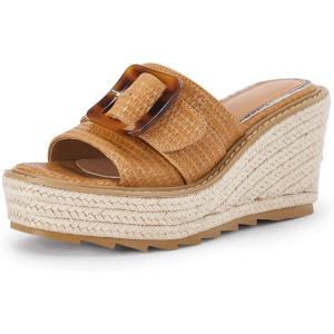Coutgo Women’s Wedge Platform Espadrille Slide Sandals Slip On Open Toe High Heels Buckle Casual Summer Shoes(Light Brown)