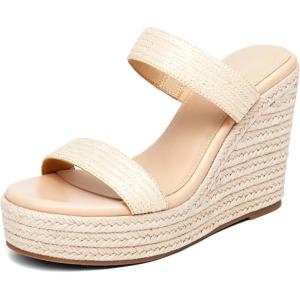 Coutgo Womens Wedge Platform Sandals Espadrilles Two Strap Woven Slip On Summer Cute Slide Sandals(Apricot)