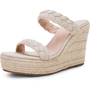 Coutgo Womens Wedge Platform Sandals Espadrilles Two Strap Woven Slip On Summer Cute Slide Sandals(Beige)