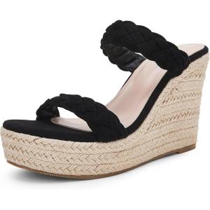 Coutgo Womens Wedge Platform Sandals Espadrilles Two Strap Woven Slip On Summer Cute Slide Sandals(Black)