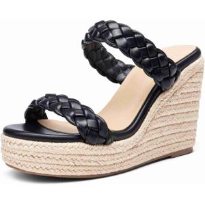 Coutgo Womens Wedge Platform Sandals Espadrilles Two Strap Woven Slip On Summer Cute Slide Sandals(Cool Black)