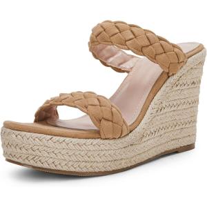 Coutgo Womens Wedge Platform Sandals Espadrilles Two Strap Woven Slip On Summer Cute Slide Sandals(Khaki)