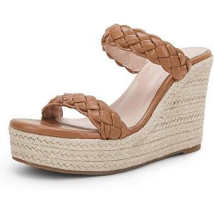 Coutgo Womens Wedge Platform Sandals Espadrilles Two Strap Woven Slip On Summer Cute Slide Sandals(Light Brown)