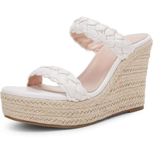 Coutgo Womens Wedge Platform Sandals Espadrilles Two Strap Woven Slip On Summer Cute Slide Sandals(White)