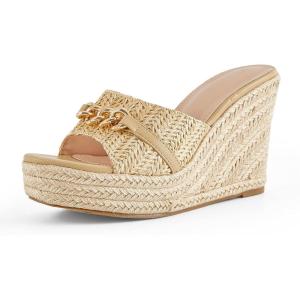 Coutgo Women’s Wedge Sandals Platform Espadrille Heel Chain Slip On Casual Summer Slides(Apricot)