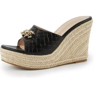 Coutgo Women’s Wedge Sandals Platform Espadrille Heel Chain Slip On Casual Summer Slides(Black)
