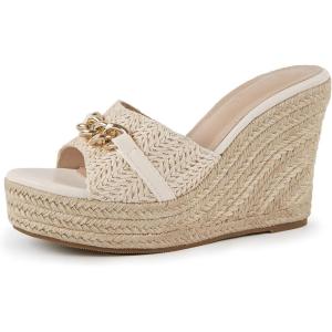 Coutgo Women’s Wedge Sandals Platform Espadrille Heel Chain Slip On Casual Summer Slides(Creamy-white)
