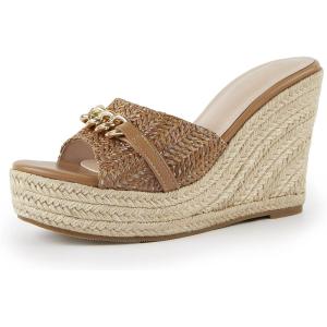 Coutgo Women’s Wedge Sandals Platform Espadrille Heel Chain Slip On Casual Summer Slides(Light Brown)