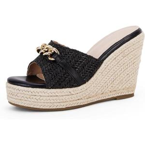 Coutgo Women’s Wedge Sandals Platform Espadrille Heel Chain Slip On Casual Summer Slides(Pure Black)