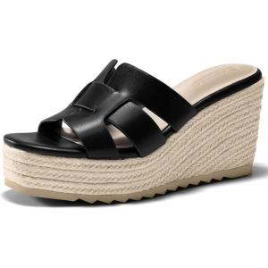 Coutgo Women’s Wedge Sandals Platform Espadrille Heels Open Toe Strappy Slip On Casual Summer Slide Shoes(Black)