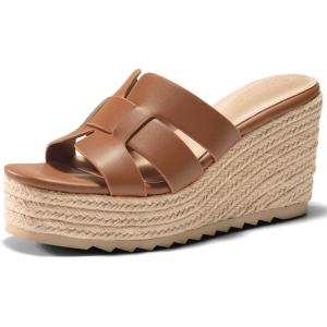 Coutgo Women’s Wedge Sandals Platform Espadrille Heels Open Toe Strappy Slip On Casual Summer Slide Shoes(Brown)