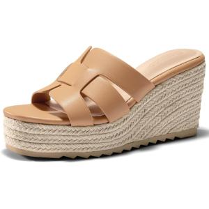Coutgo Women’s Wedge Sandals Platform Espadrille Heels Open Toe Strappy Slip On Casual Summer Slide Shoes(Light Brown)