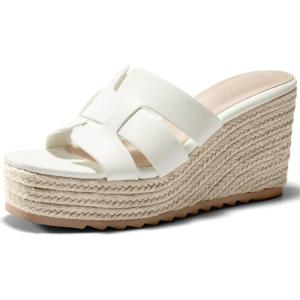 Coutgo Women’s Wedge Sandals Platform Espadrille Heels Open Toe Strappy Slip On Casual Summer Slide Shoes(White)