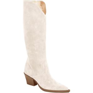 Coutgo Womens Wide Calf Cowboy Boots Suede Knee High Chunky Heel Pointed Toe Western Cowgirl Boots(Beige)