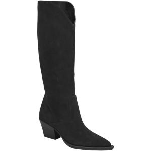 Coutgo Womens Wide Calf Cowboy Boots Suede Knee High Chunky Heel Pointed Toe Western Cowgirl Boots(Black)