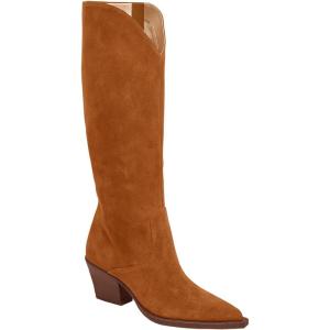 Coutgo Womens Wide Calf Cowboy Boots Suede Knee High Chunky Heel Pointed Toe Western Cowgirl Boots(Brown)