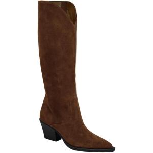 Coutgo Womens Wide Calf Cowboy Boots Suede Knee High Chunky Heel Pointed Toe Western Cowgirl Boots(Chocolate)