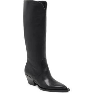Coutgo Womens Wide Calf Cowboy Boots Suede Knee High Chunky Heel Pointed Toe Western Cowgirl Boots(Cool Black-pu)