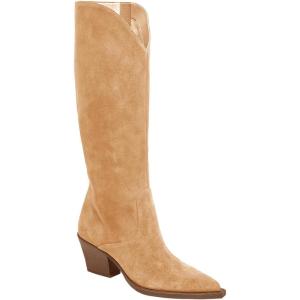 Coutgo Womens Wide Calf Cowboy Boots Suede Knee High Chunky Heel Pointed Toe Western Cowgirl Boots(Khaki)