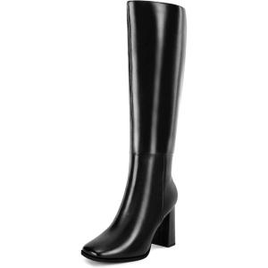 Coutgo Womens Wide Calf Knee High Boots Chunky High Heel Square Toe Fashion Leather Shoes with Side Zipper(Black)